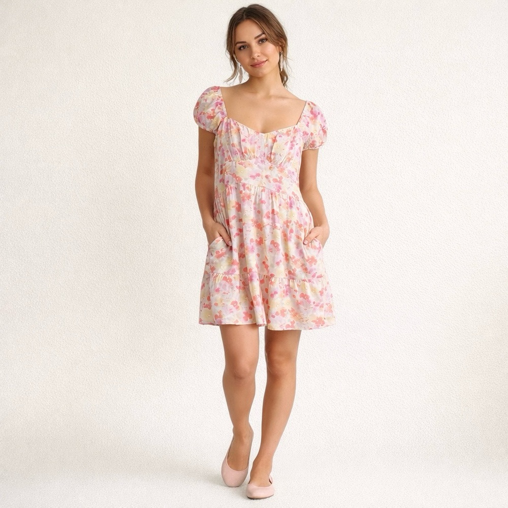 Hollister Medium Floral Babydoll Mini Dress Pink Yellow Flowers Pockets